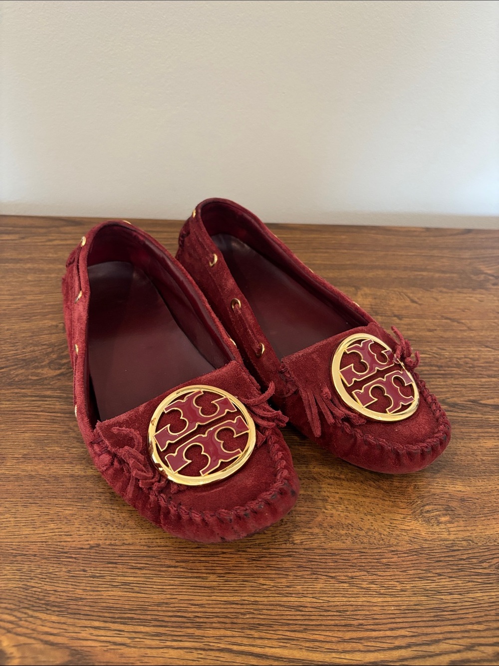 Tory Burch Burgundy Suede Tassel Moccasins with Gold Logo
